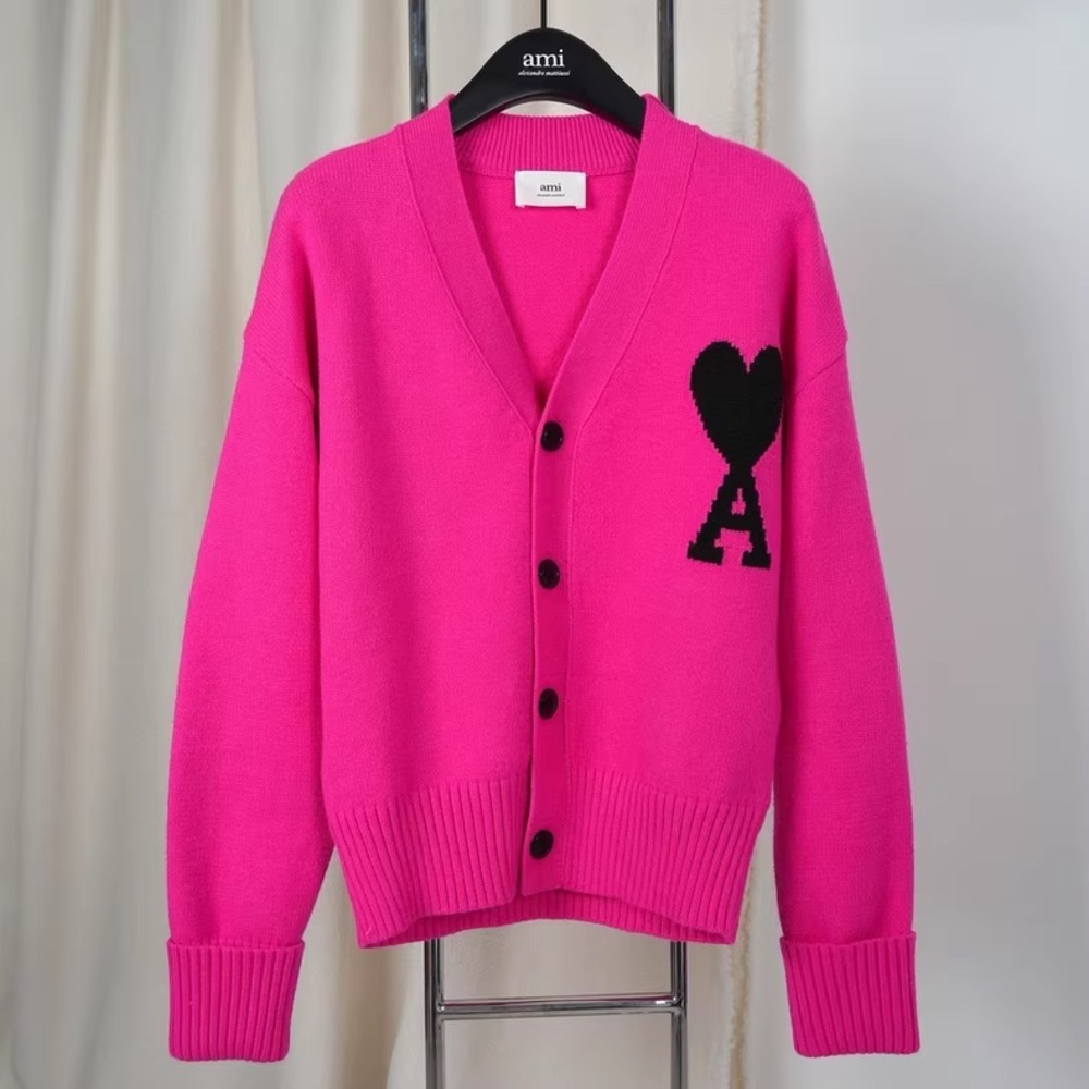 Ami Paris Fuchsia Cardigan with Black Heart Detail